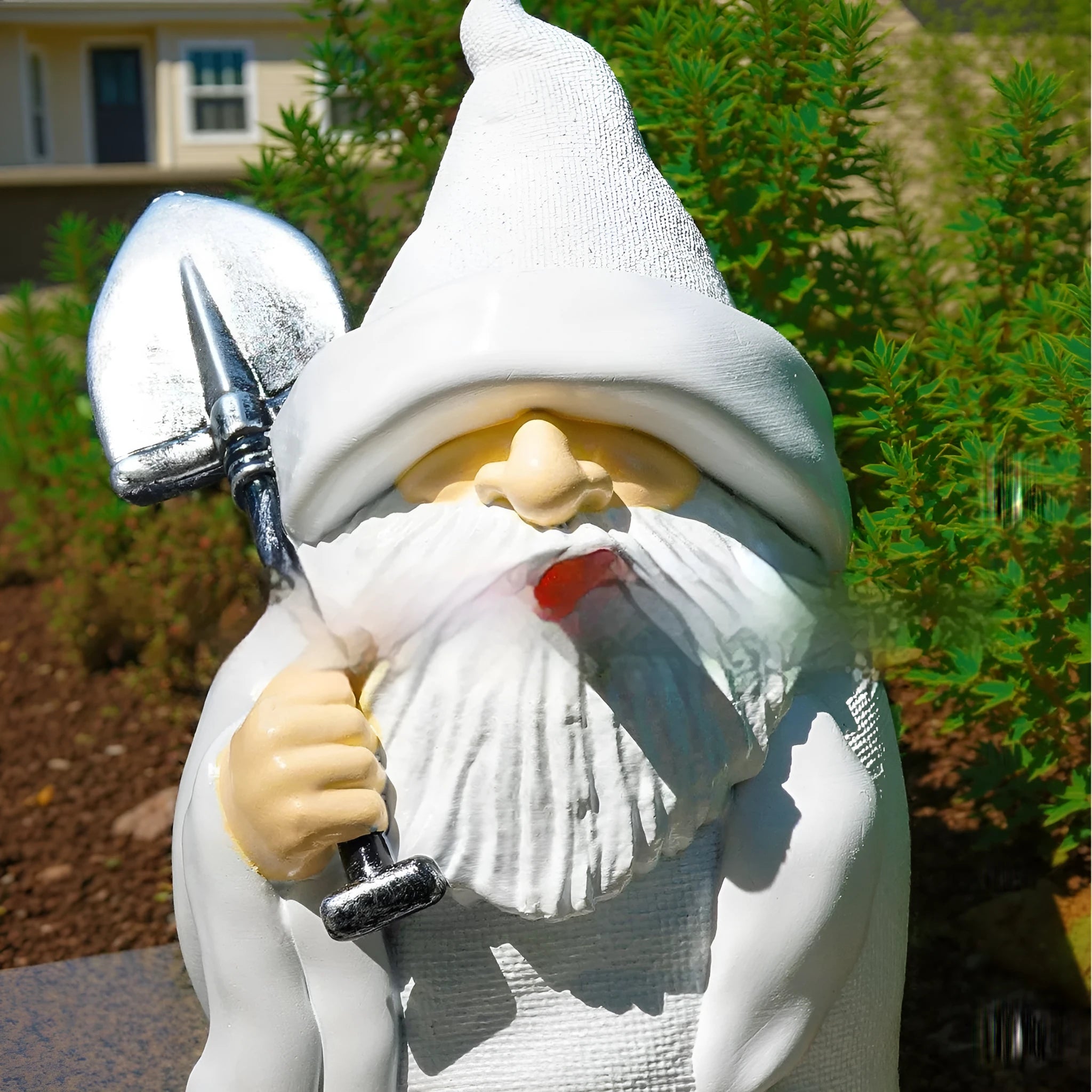 Resin Christmas garden ornament of smoking shovel dwarf with pipe character design