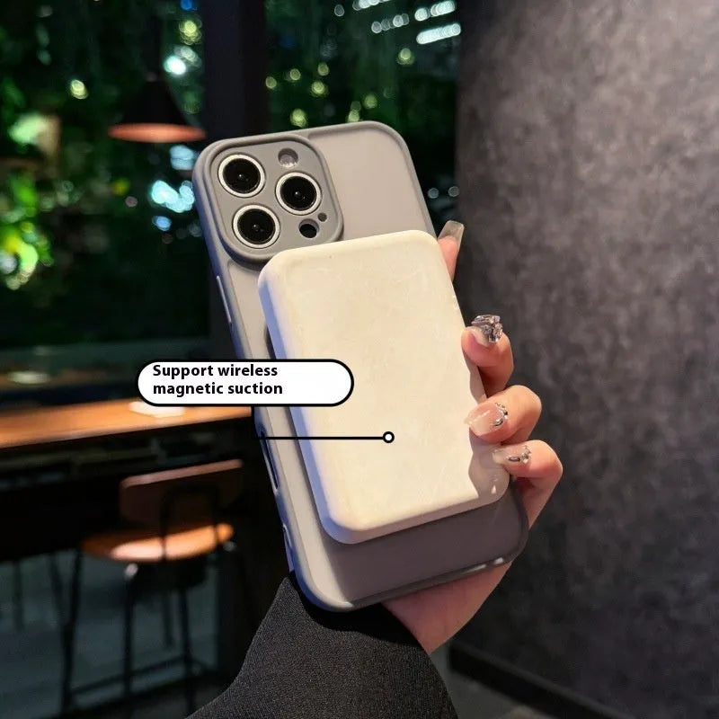 Magnetic suction pivot phone case for iPhone, black colour, with visible stand bracket and frosted finish