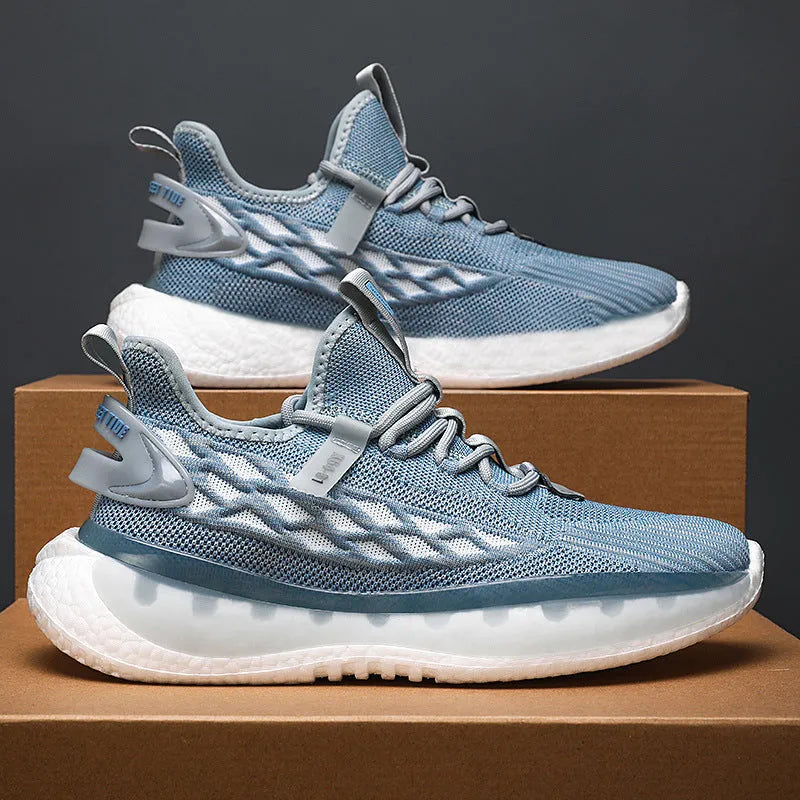 Men's white mesh platform sneakers with flat rubber sole and lace-up design