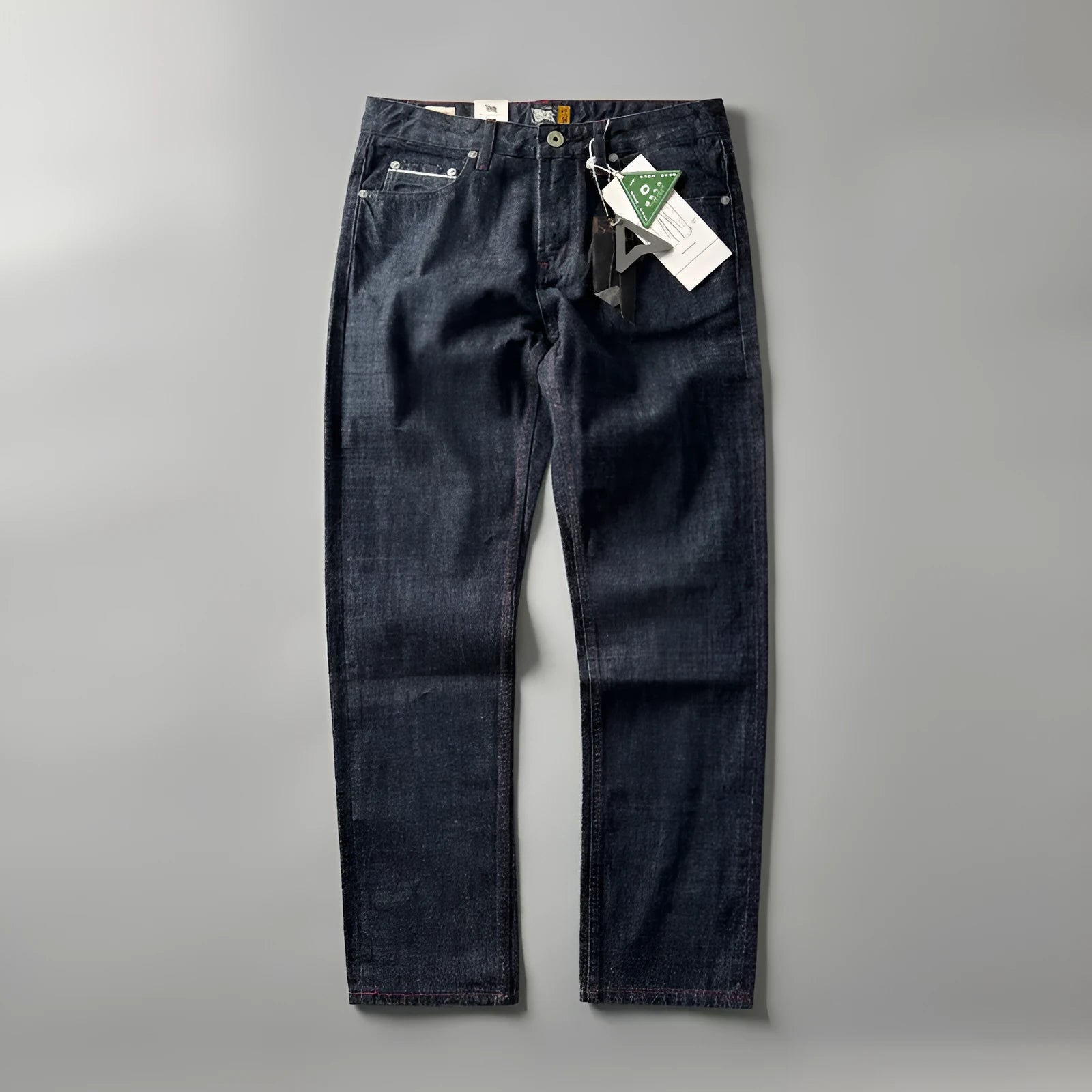 Men's straight leg denim trousers in primary colour with mid waist and American retro styling