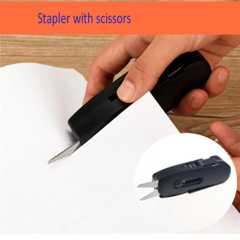 KOONSLED black multifunctional mini stapler with staple remover, 113x38x33mm size, on white background
