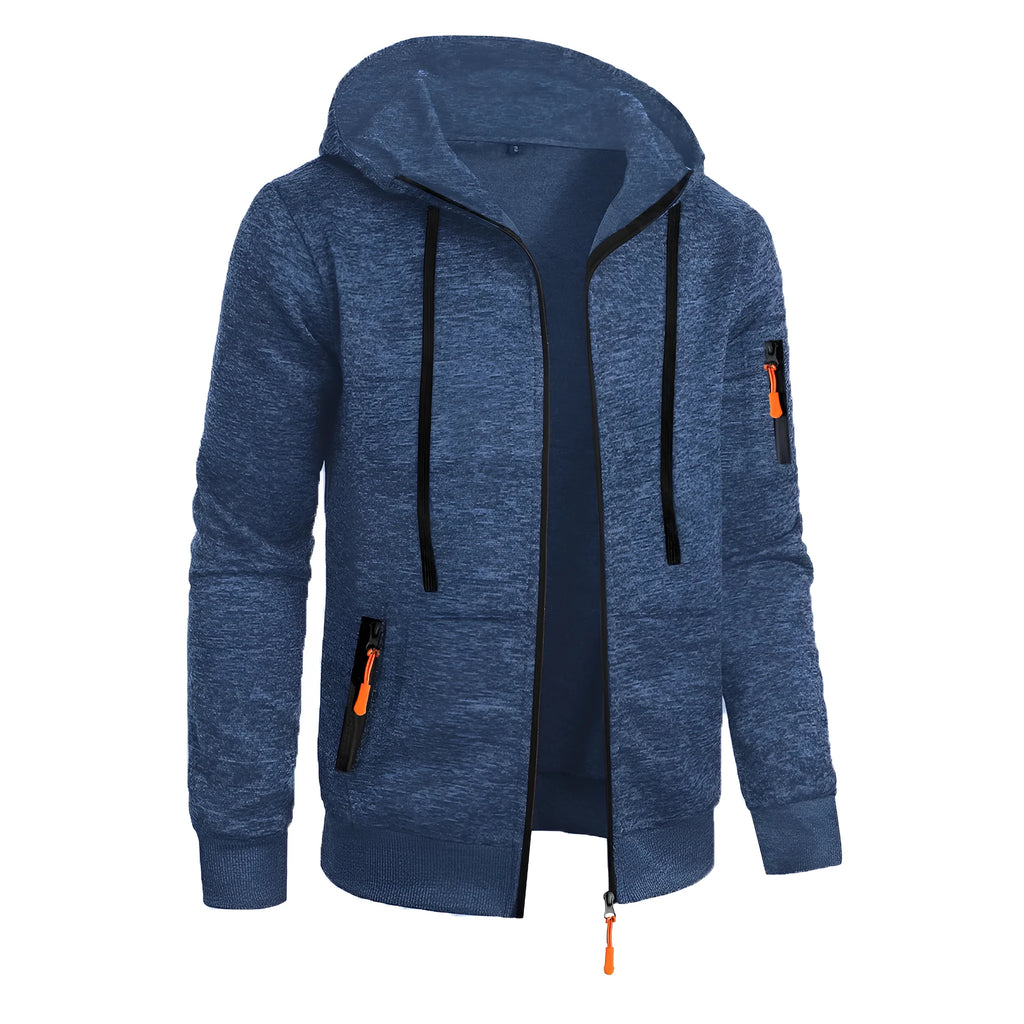 Men's hooded cardigan sweater in solid colour polyester jacquard knit, loose fit, long sleeve, sizes S to 3XL, five colours.