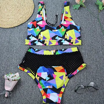 Women's checkered cross strap bikini set with high-waisted shorts
