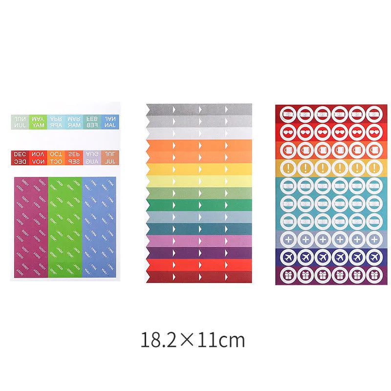 Assortment of paper adhesive stickers, labels, A6 rulers, and sticky notes in various colours and grid layouts.