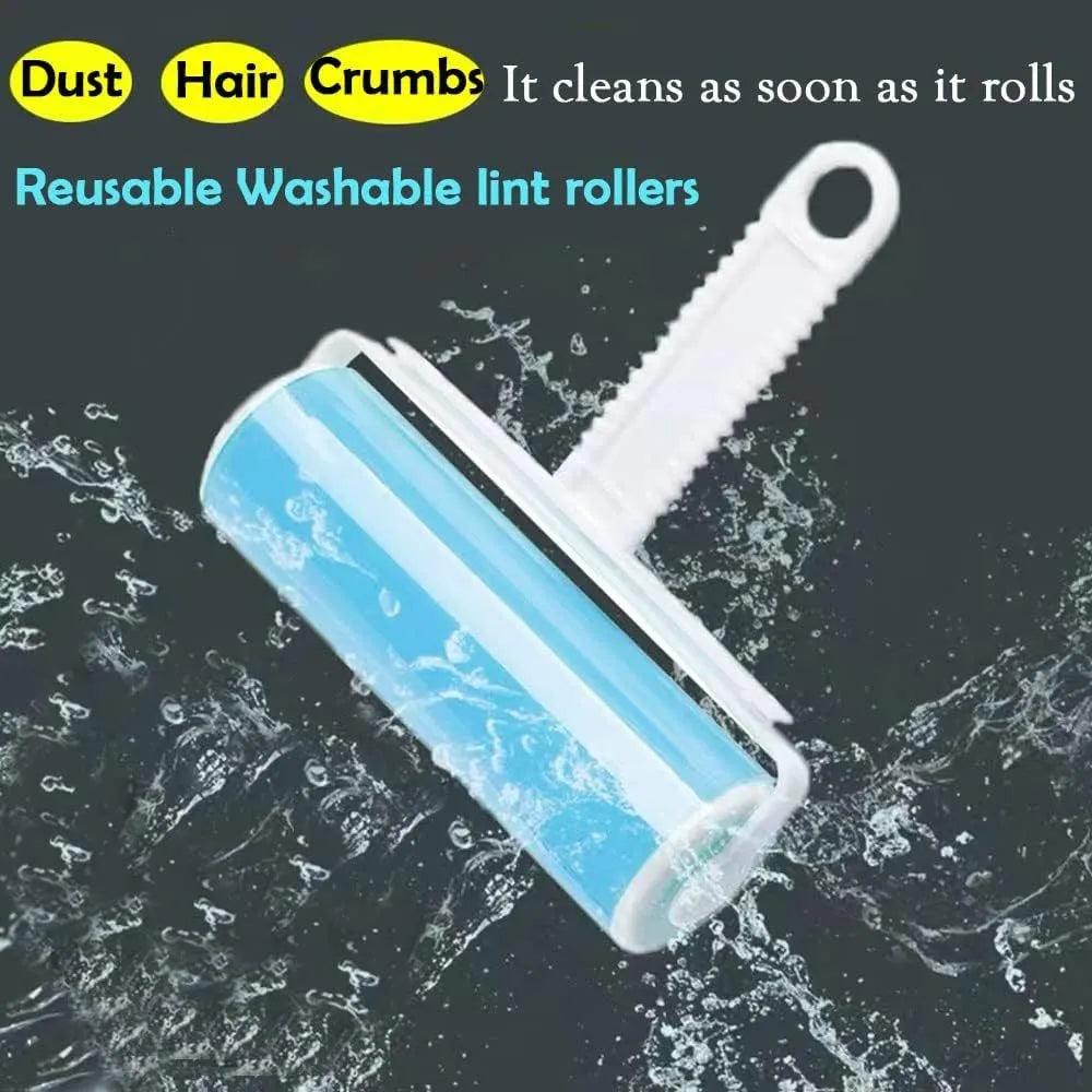 Washable lint roller pack with protective cover in blue, green, pink and yellow options for pet hair removal