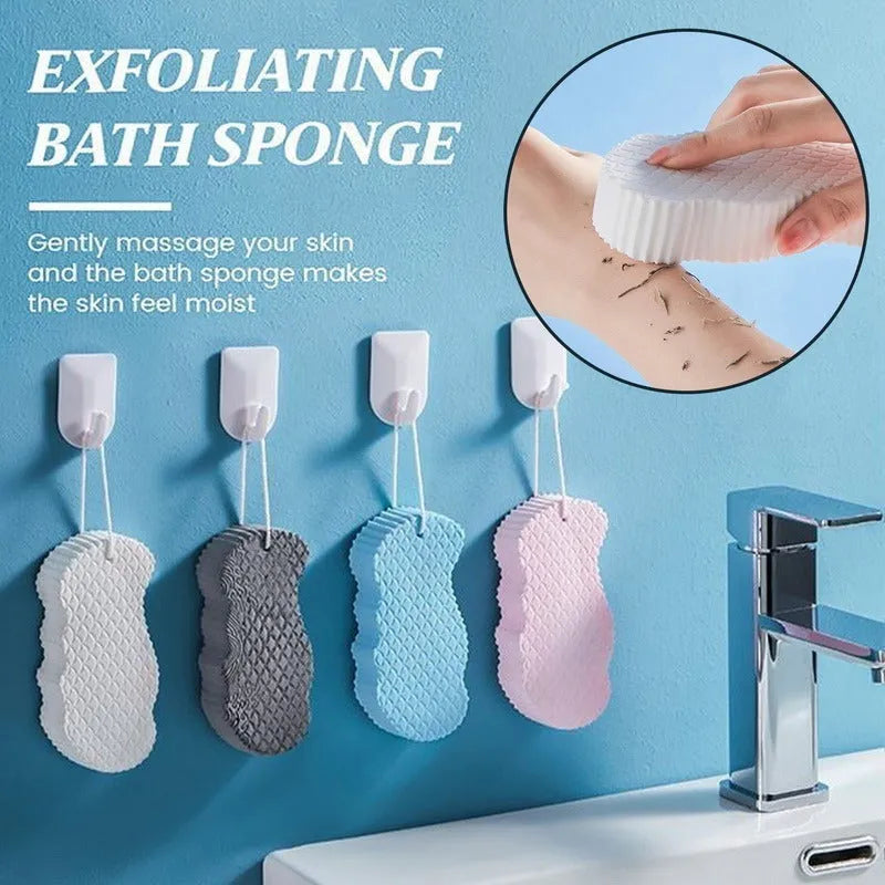 White 3D bath sponge with fish scale exfoliating pattern, shown next to grey, pink, and light blue versions.