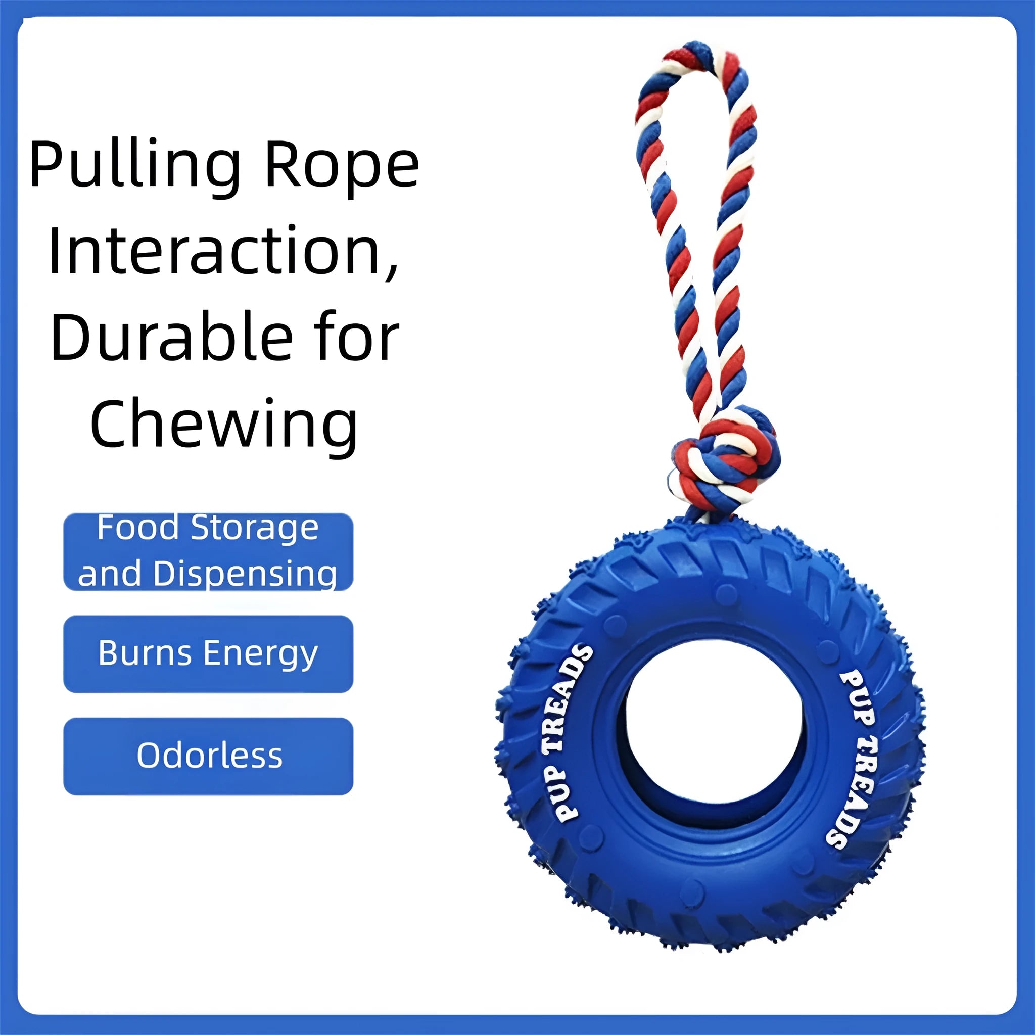Dog chew toy with black rubber tyre and attached rope for interactive play