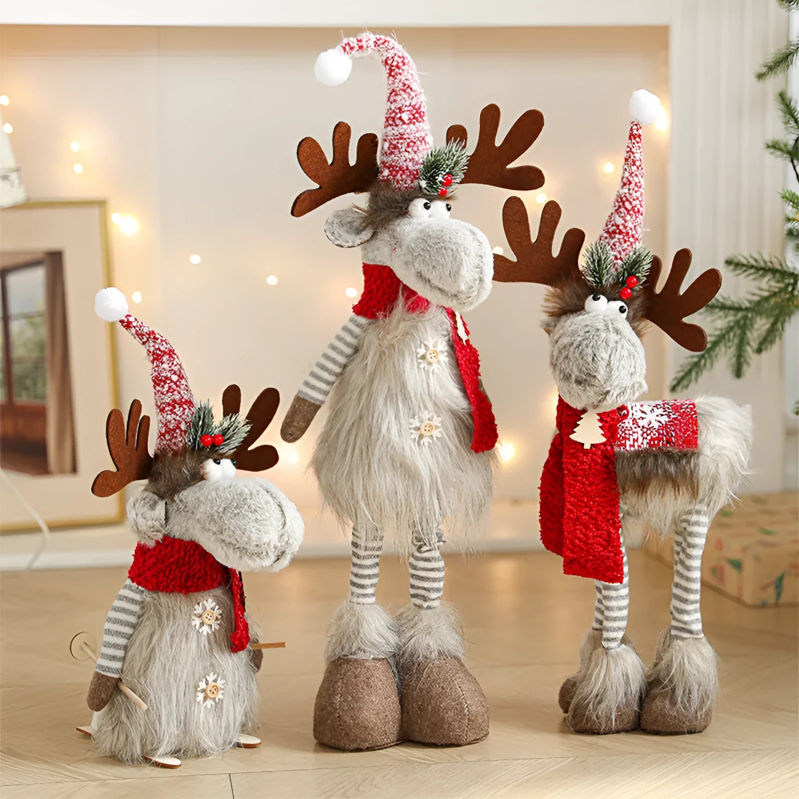Cartoon plush elk retractable Christmas doll in gray colour with sled, cloth material, American modern art style