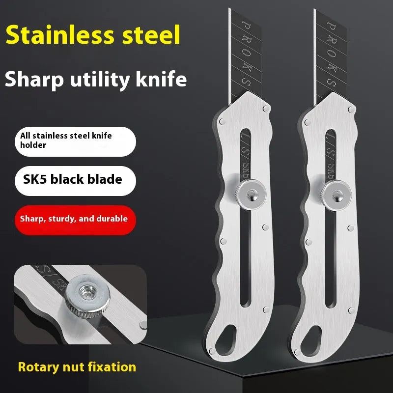 Stainless steel folding art knife with black blade and set of replacement blades