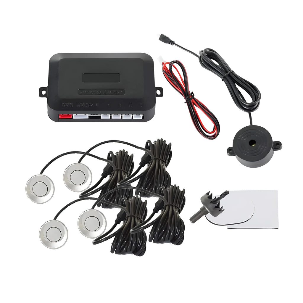 4-probe car reversing radar kit with sensors, buzzer module, cables and hole saw