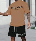 Polyester short sleeve suit set with round neck top and matching shorts in various colours