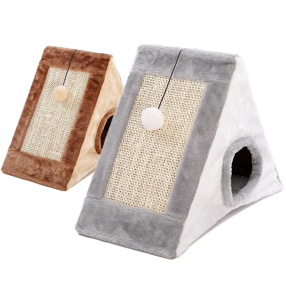 Triangle-shaped grey and white cat bed with integrated sisal scratching surface.