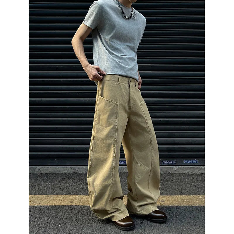 Men's khaki straight-leg cotton trousers showing American retro styling front and back