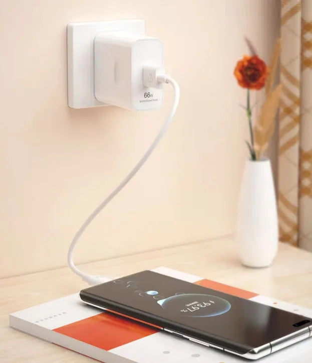 White USB Type-C super fast charger with 66W 120W output and Type-C cable for phones