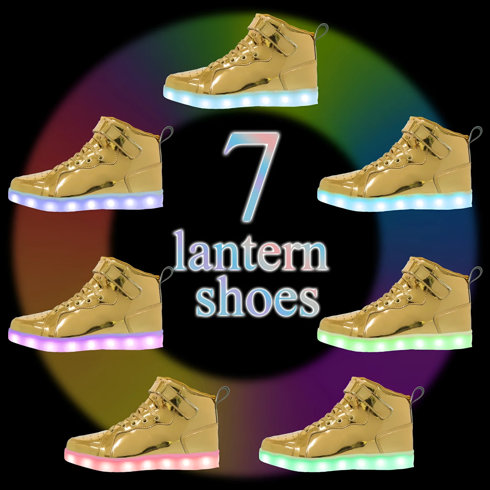 LED light-up high-top sneakers with Velcro strap in various colours on a solid background