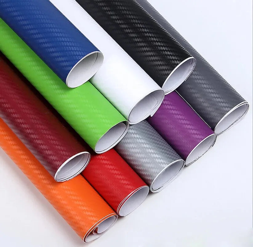 3D carbon fibre sticker roll for car decoration in multiple colours showing textured pattern