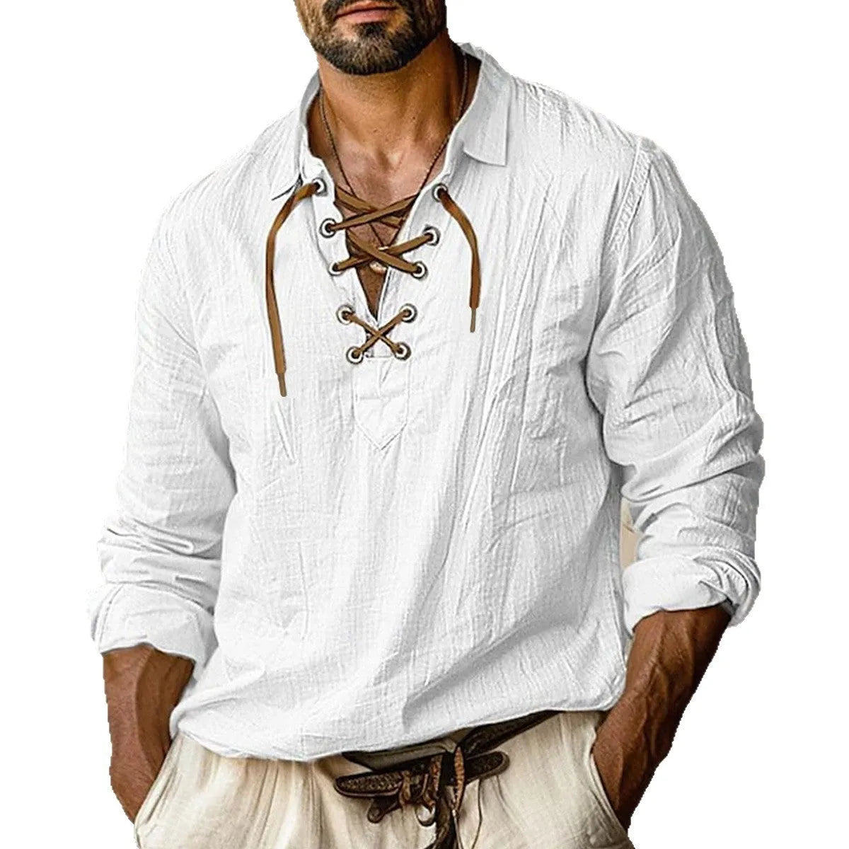 Men's loose-fit linen blend shirt in blue with lapels and lace detailing on the front.