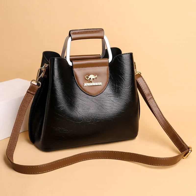 Large capacity PU tote bag in soft leather-look texture horizontal square shape with sewing line detail available in Black Dark Brown Green Red