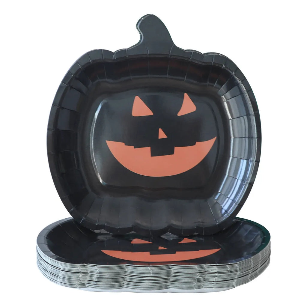 Black Halloween paper plate with pumpkin design, 9 inches in diameter.