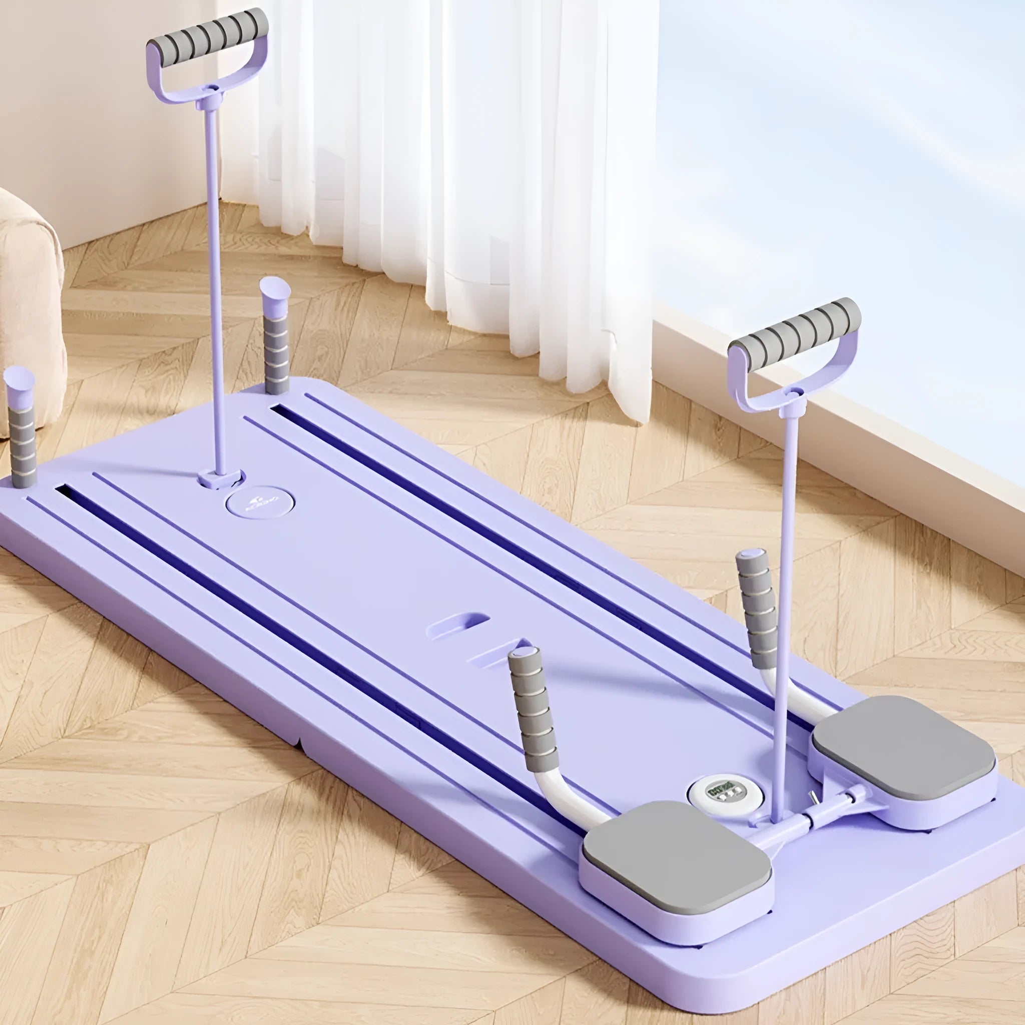 Standard purple household fitness board with automatic rebound abdominal wheel on a stable PP plastic base.