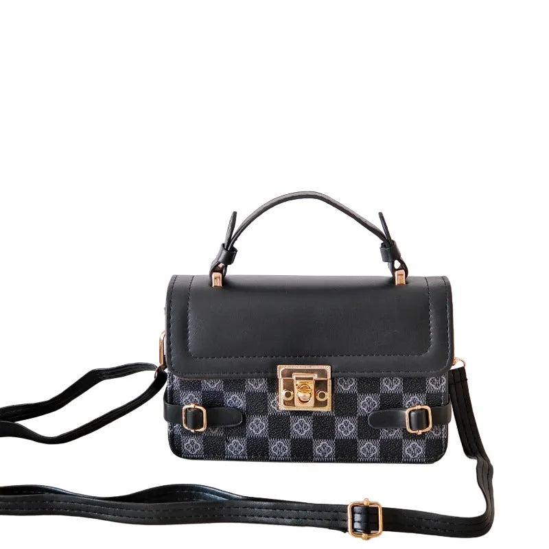 Retro patterned PU leather crossbody bag in a horizontal square shape on a white background.