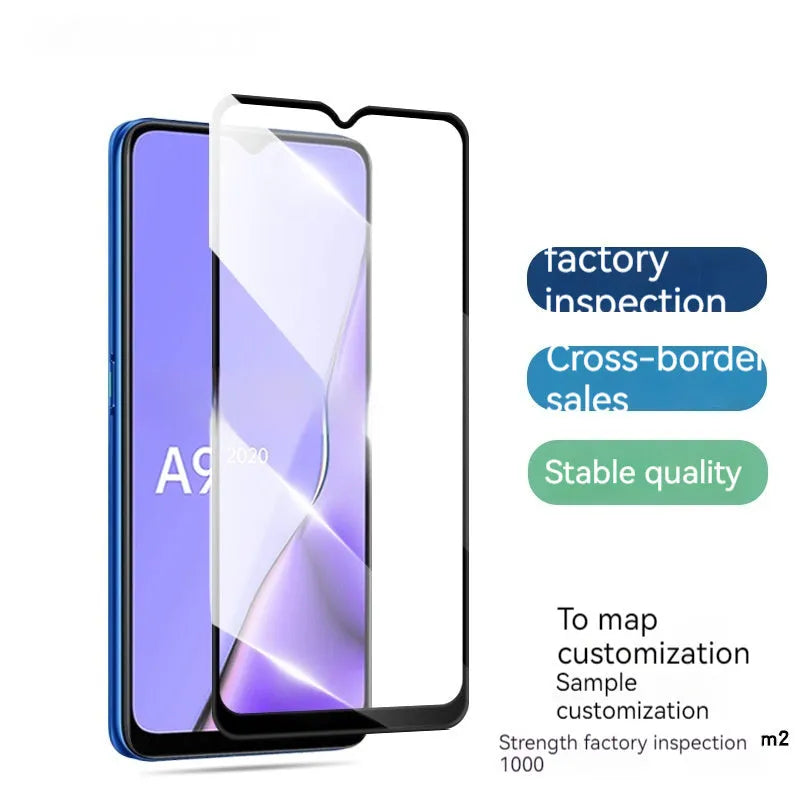 OPPO A9 2020 full screen tempered glass screen protector with black edges and anti-fingerprint coating