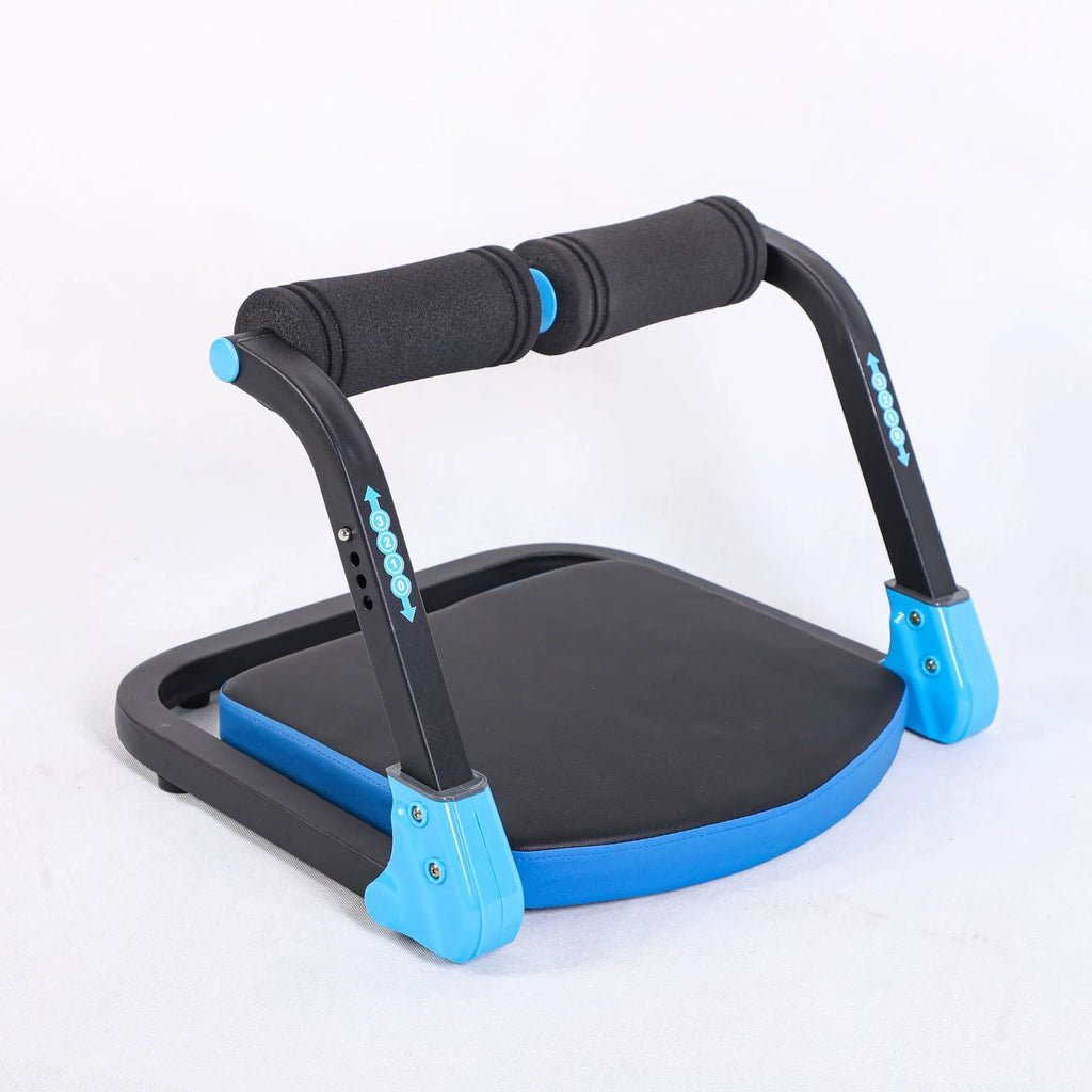 Sky blue and red coloured mini multifunctional abdominal exercise device for home, office, and outdoor use.