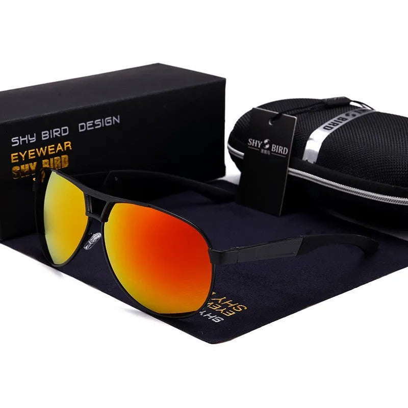 Men's orange red polarised aviator sunglasses with a metal frame.