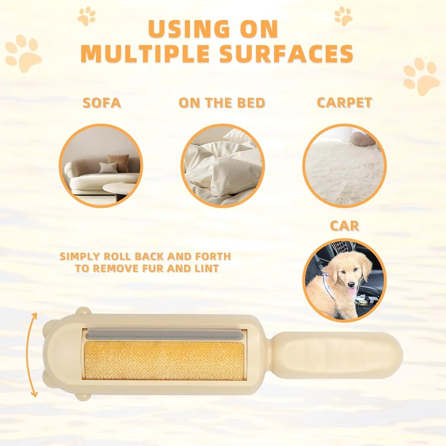 Blue reusable pet hair remover tool with a self-cleaning base on a fabric sofa.