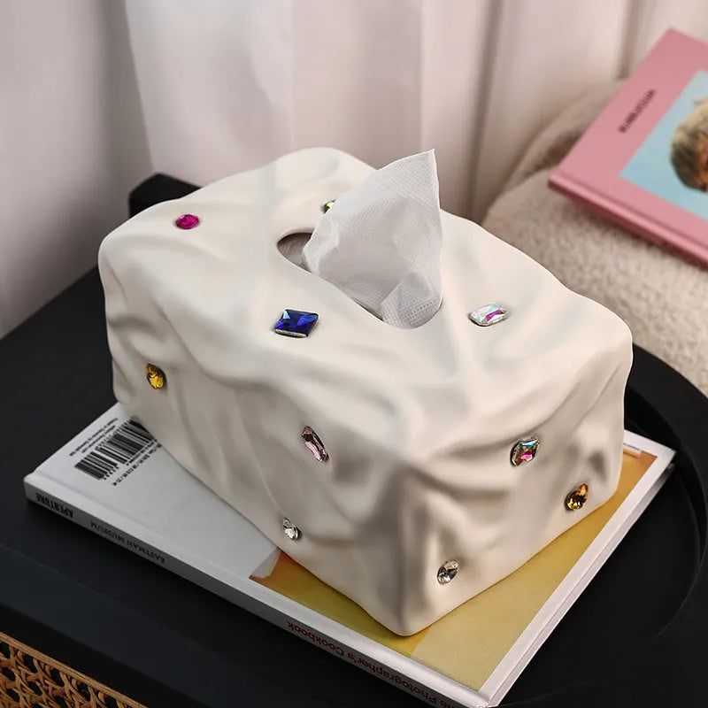 Ceramic tissue box with gem party design in matte coconut milk white or silver electroplated colour
