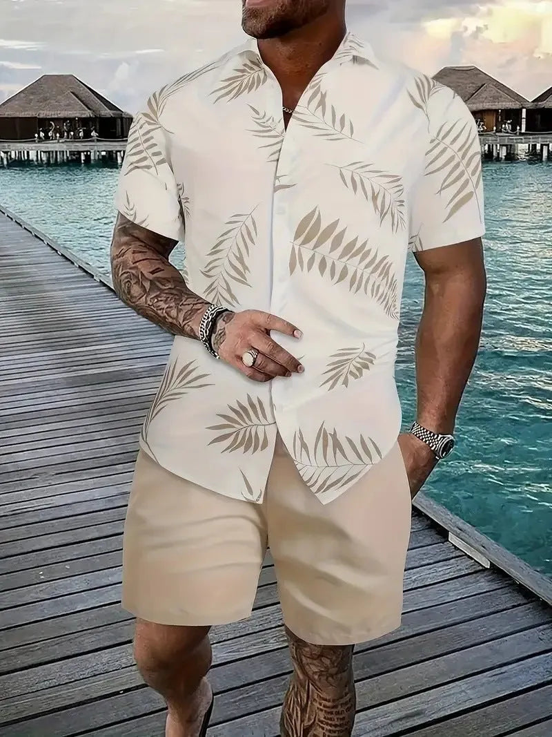 Men's Hawaiian style short sleeve shirt and shorts casual suit set on a hanger.