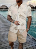 Men's Hawaiian style short sleeve shirt and shorts casual suit set on a hanger.
