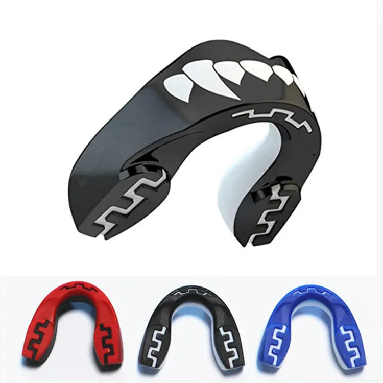 Adult boxing mouthguard with printed teeth design and elastic straps for martial arts protection