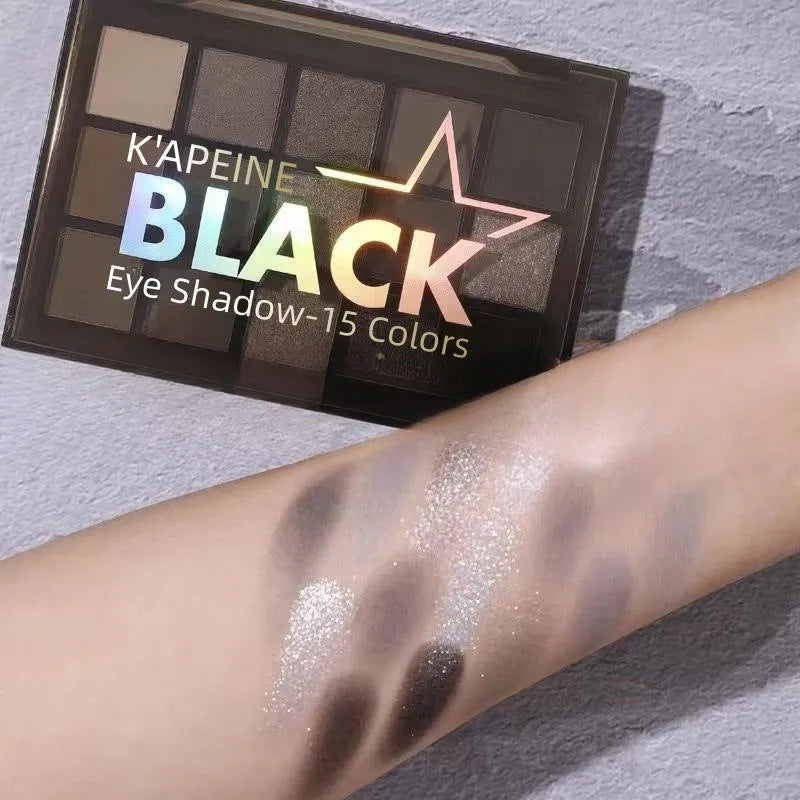 15-colour matte shimmer eye shadow palette with grey black shades for smoky makeup