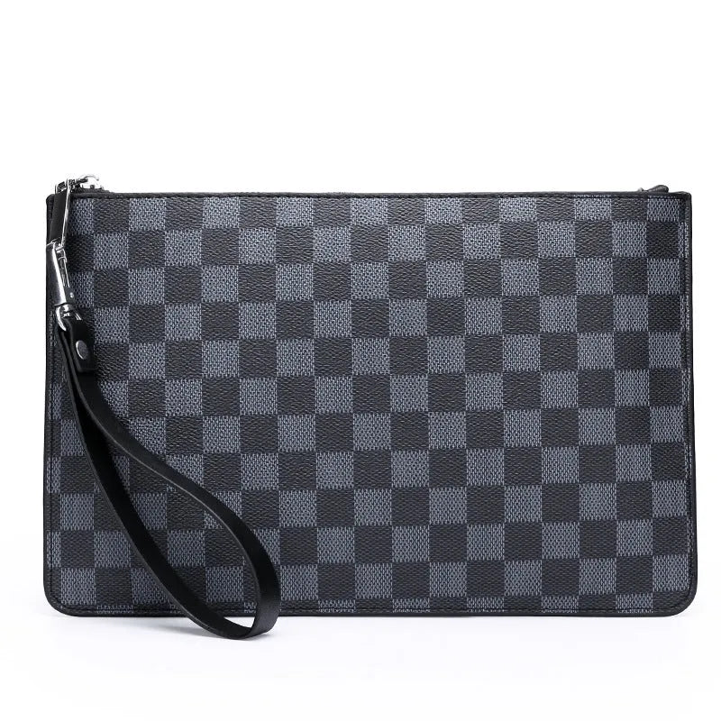 Men's black checkered PU leather clutch wallet showing six card slots and zipper pocket