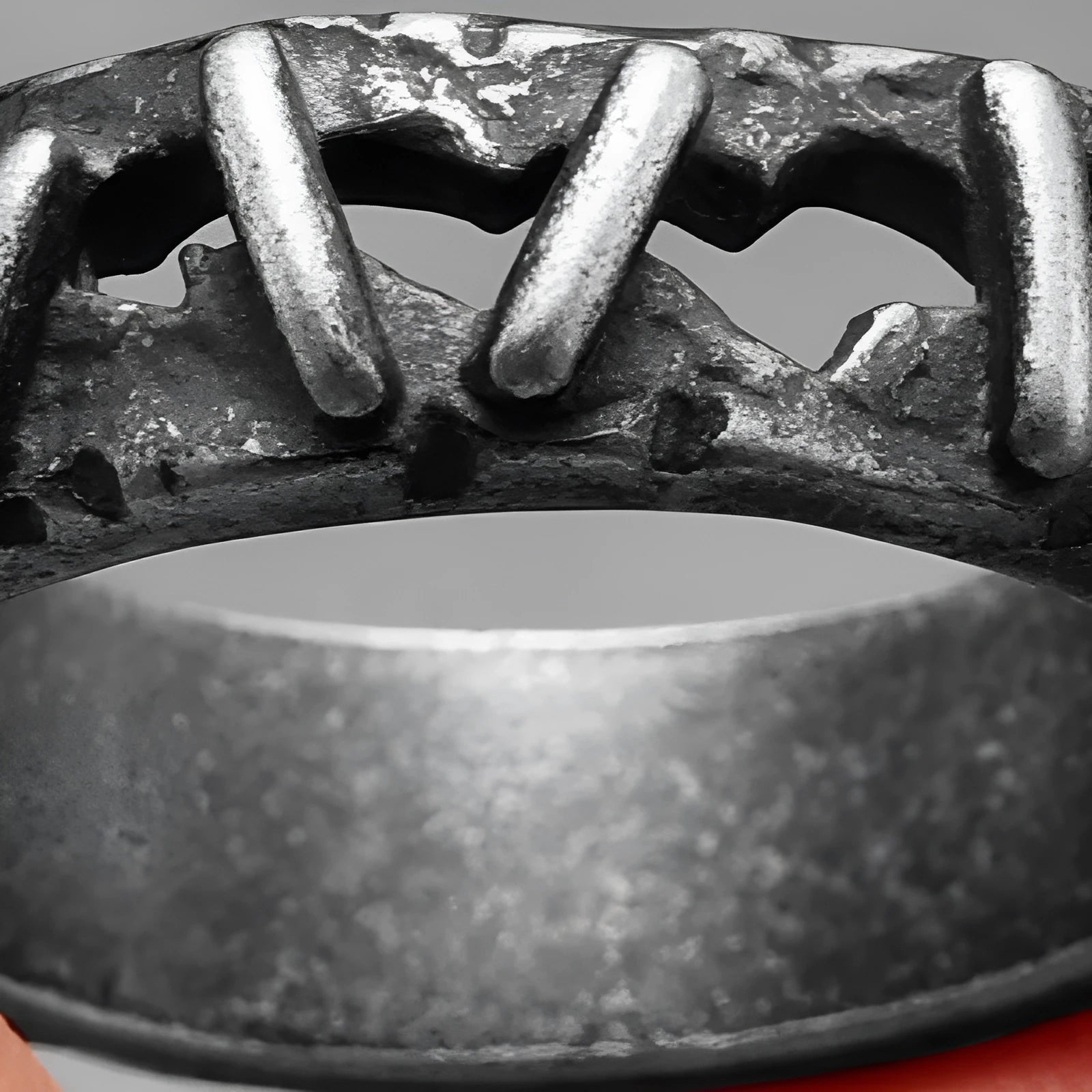 Stainless steel dark punk stitching style double ring on a finger, showing textured design.