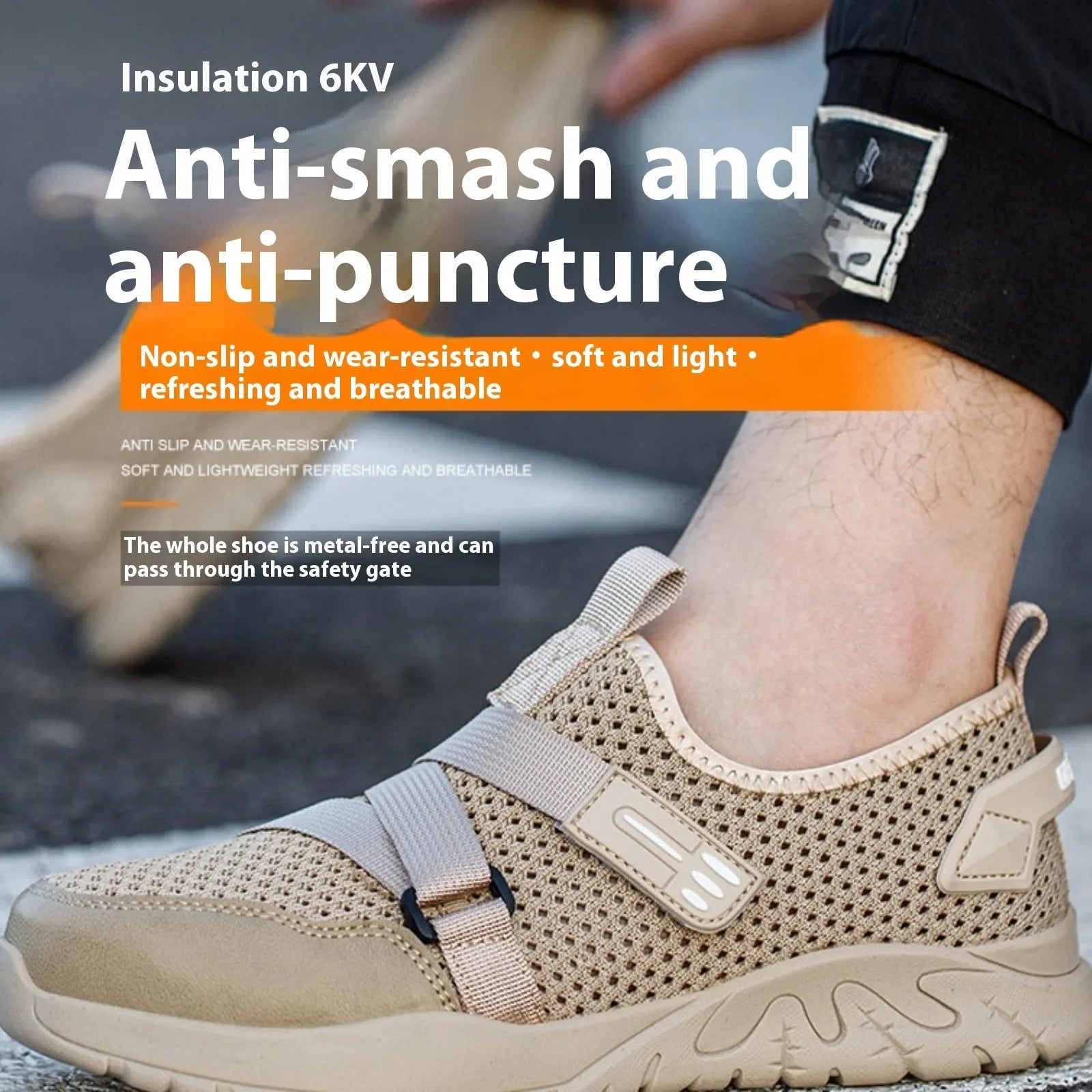Men's grey anti-smash and anti-puncture safety shoes with a flying woven upper and rubber sole.