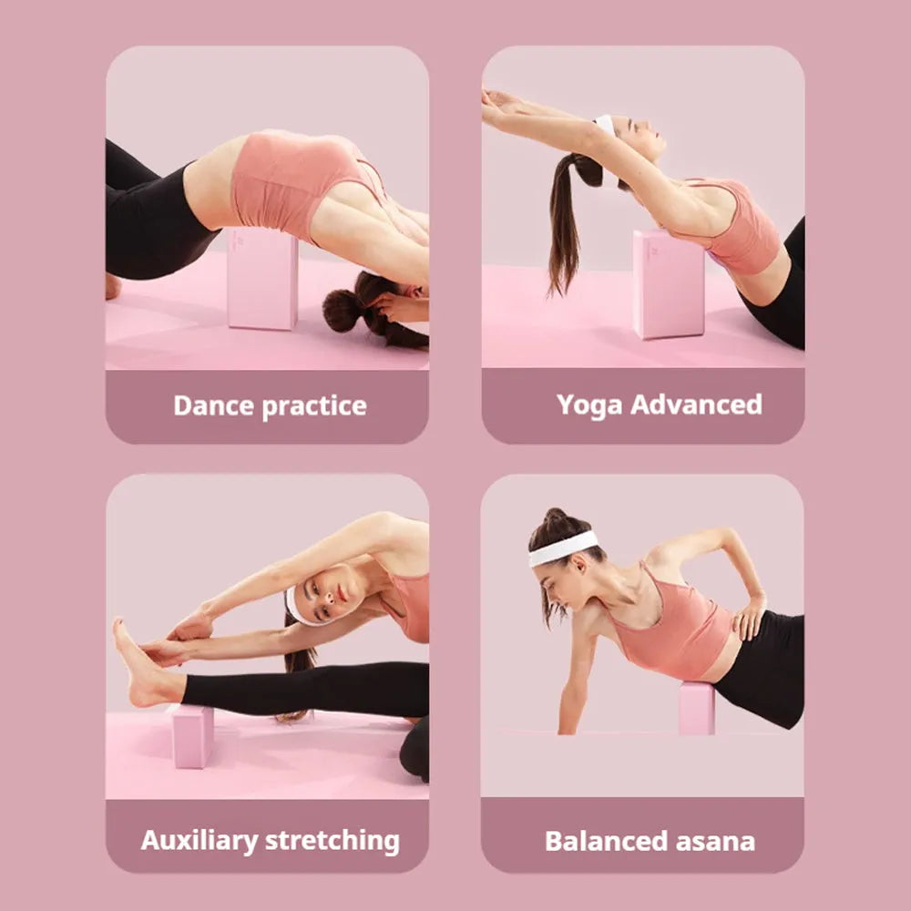 Solid colour EVA foam yoga block on a gym mat, showing its rectangular shape and ridged sides.