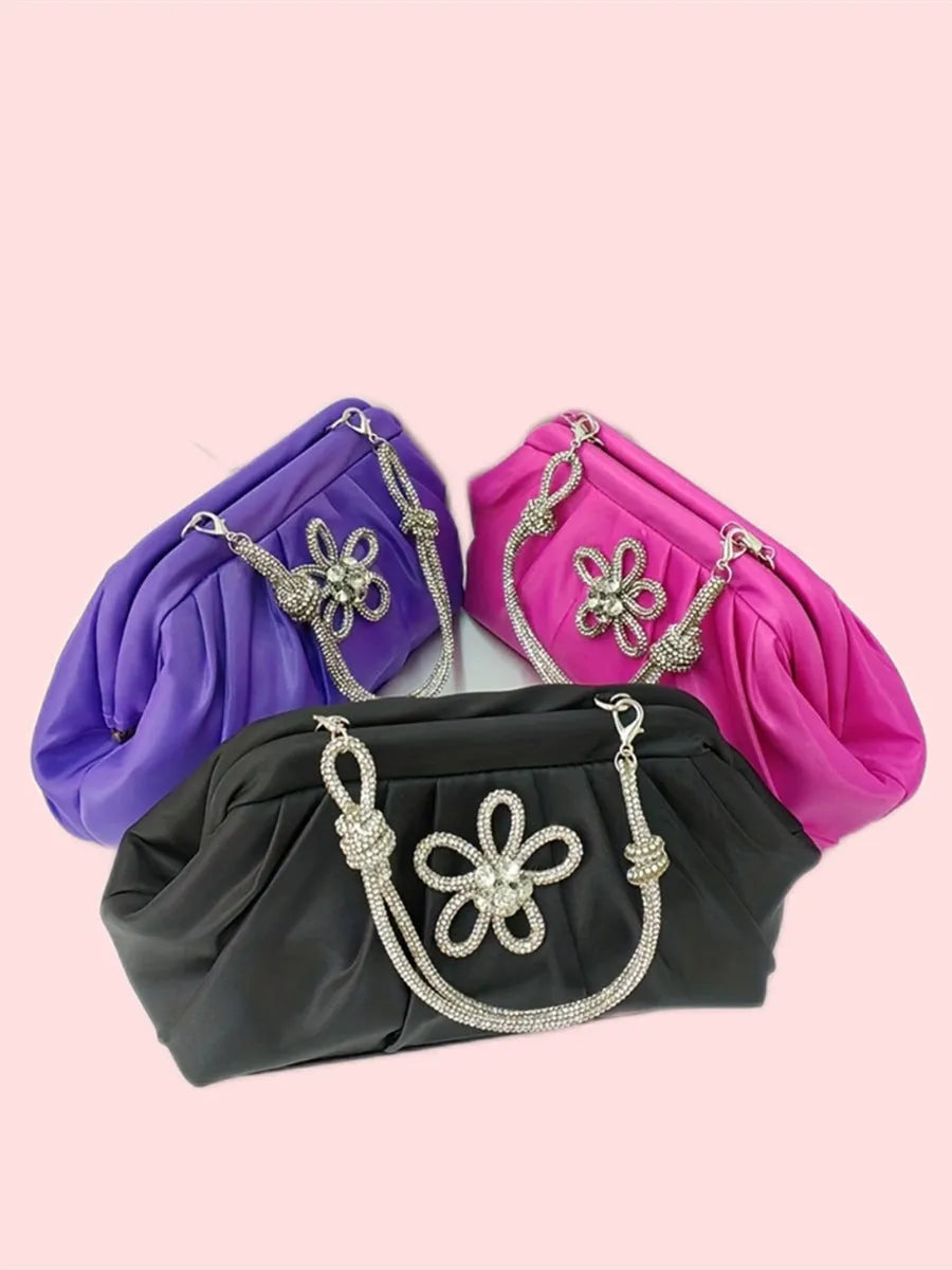 Women's soft polyester shell-shaped messenger bag in lavender purple with folds, diamond patterns, and a chain detail.