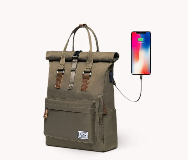 Casual black polyester backpack showing cover opening and front design.