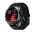 Round black smart watch with stainless steel case, Bluetooth call and heart rate monitoring features on a plain background.