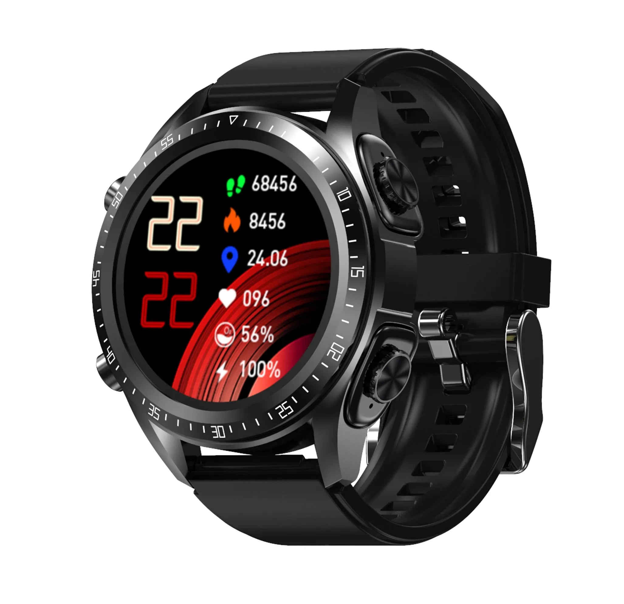 Round black smart watch with stainless steel case, Bluetooth call and heart rate monitoring features on a plain background.