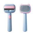 Blue and green pet grooming brush with a double-sided head for deshedding and dematting.