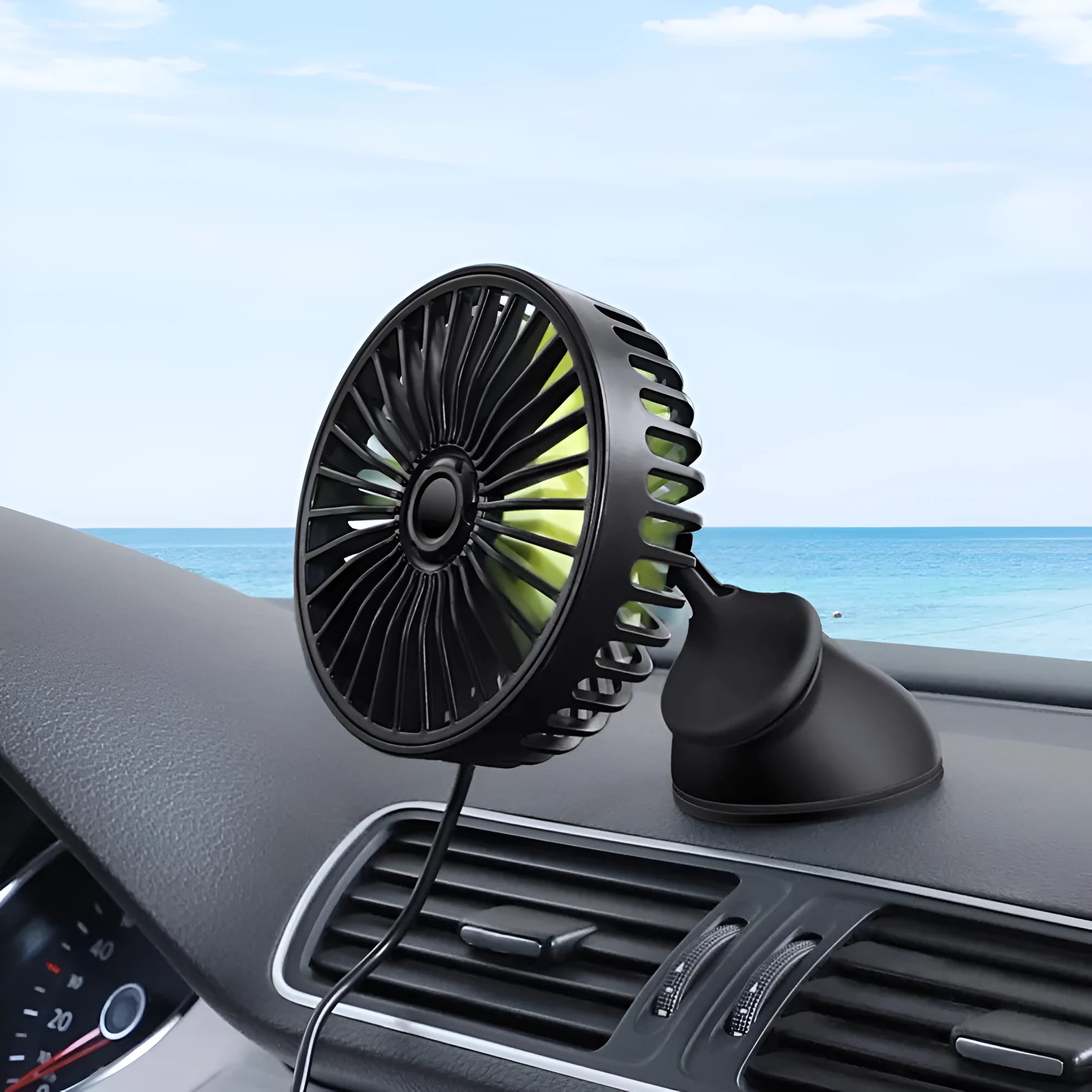 Black car mini electric fan with suction cup mounted on dashboard, 360 degree rotation, USB powered