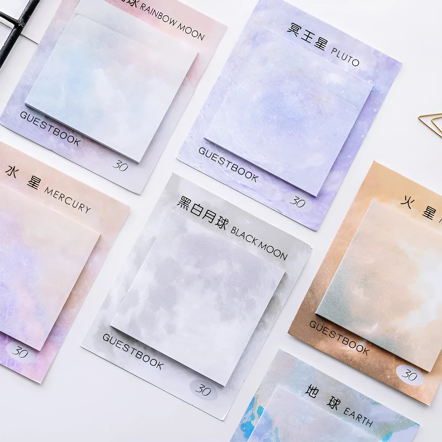 Square planet sticky notes notepad showing oil painting artwork of Earth, Mars, and moon designs.