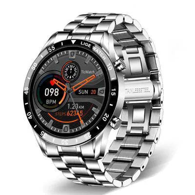 Smart watch with stainless steel band and 1.3 inch touch screen showing activity tracking display