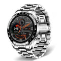 Smart watch with stainless steel band and 1.3 inch touch screen showing activity tracking display