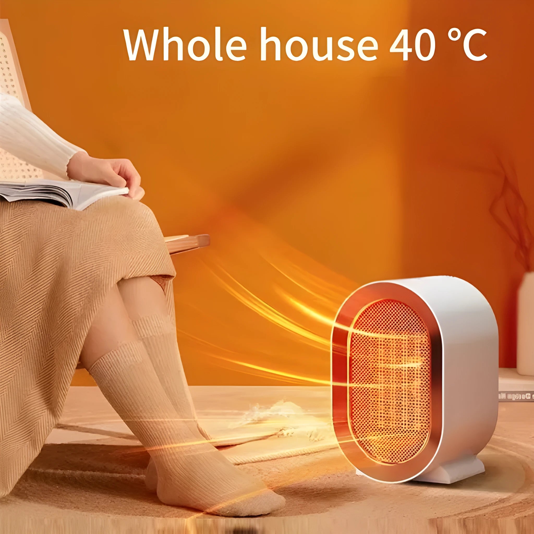 Compact black desktop ceramic fan heater with mechanical control dials, placed on a wooden desk.