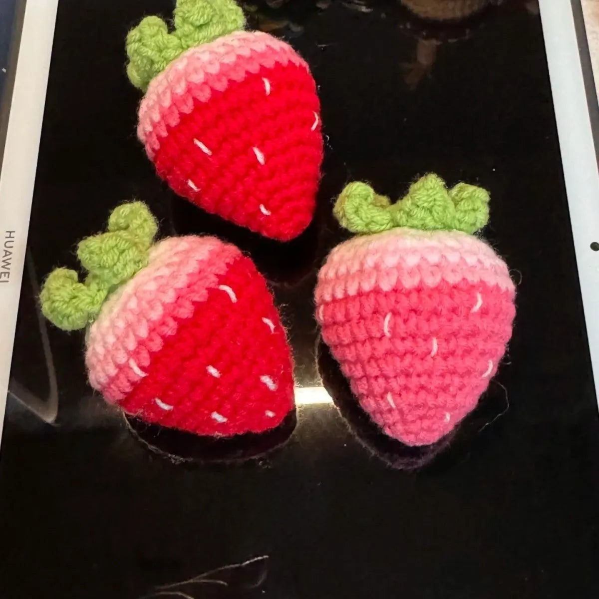 Soft plush strawberry pendant keychain in red and pink wool fabric options