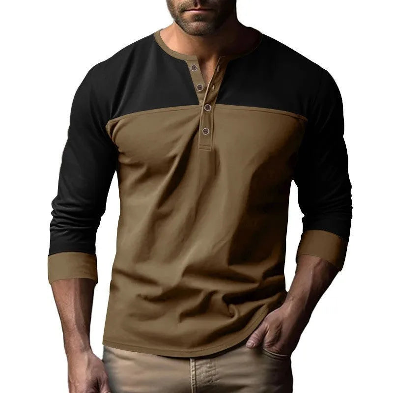 Man wearing a retro-style brown long-sleeve henley collar casual shirt.